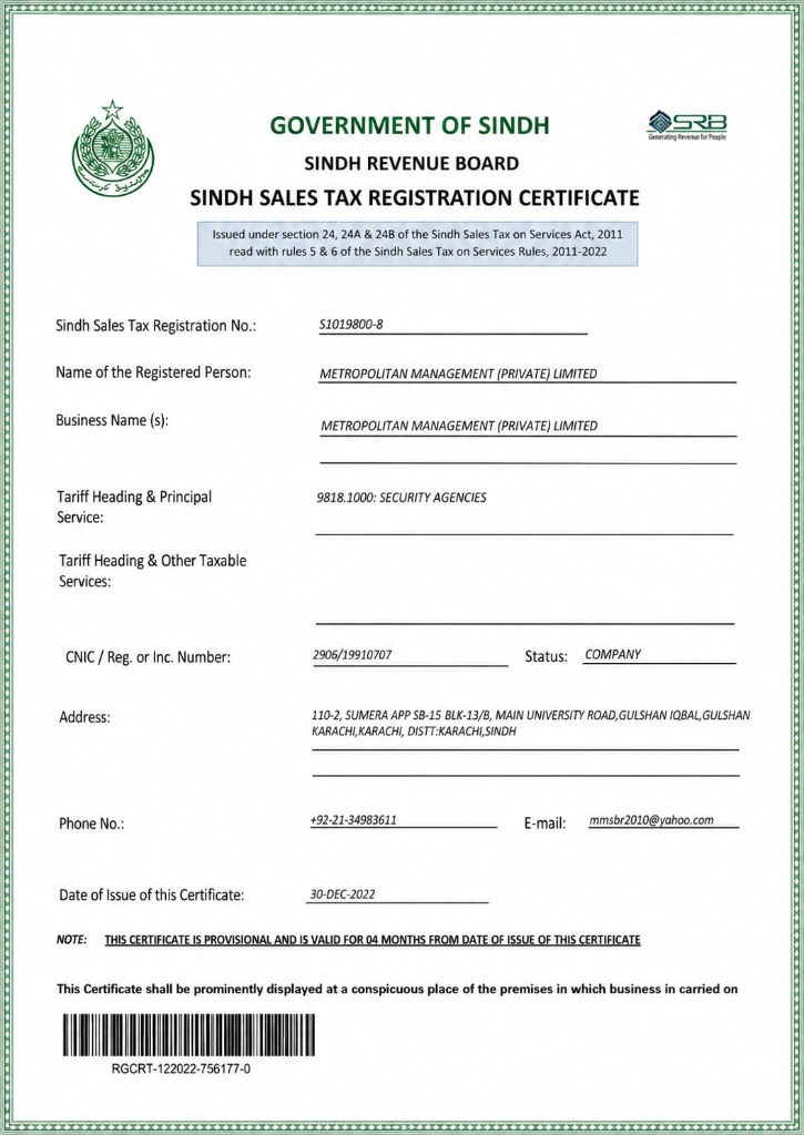 Sindh Revenue Board - Sales Tax Registration Certificate
