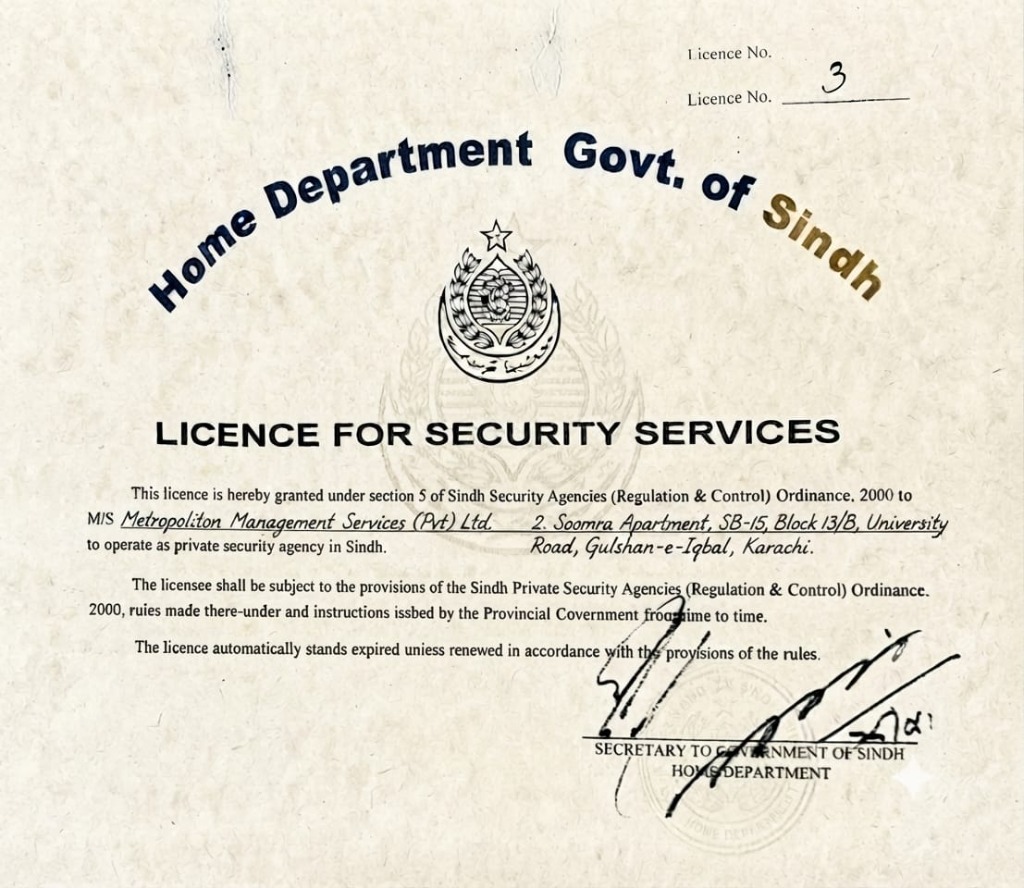 Home Department Govt of Sindh - Licence for Security Services